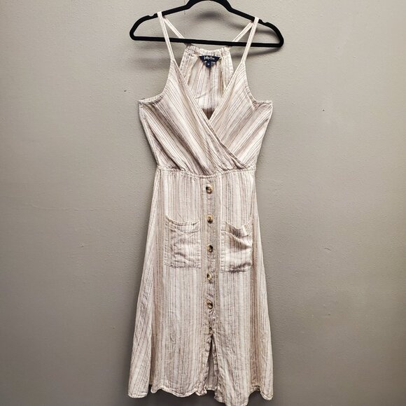 Indigo Rain Midi Dress Women Size M Tan Stripe Button Front Wrap Top Sleeveless - Picture 1 of 9